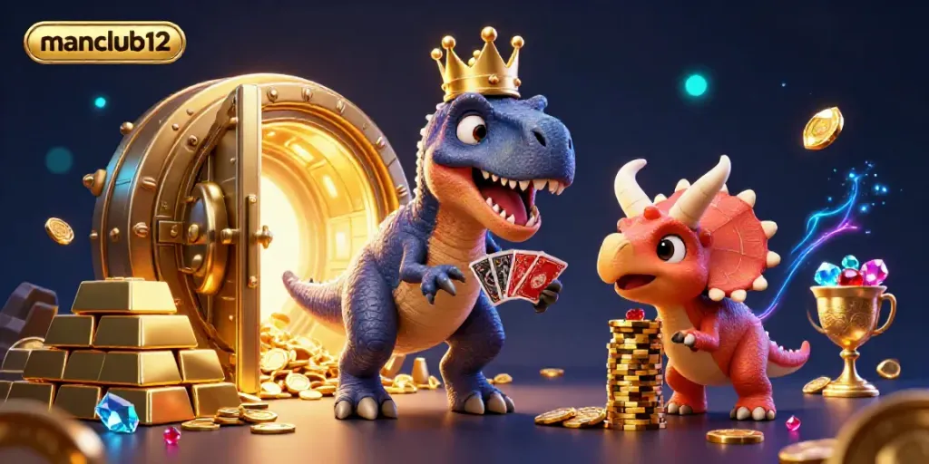 Join the fun with manclub12 as the T-Rex and friends play thrilling card games in a vibrant casino-style scene.