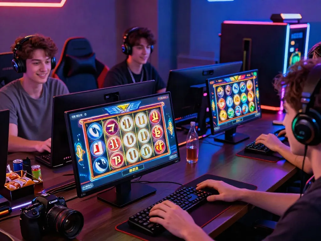 Engaged player enjoying qqmacan slot game on smartphone in vibrant gaming setup.