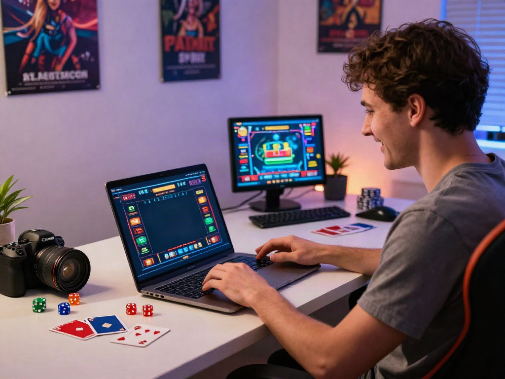 Experience the excitement of online gaming at https://net88.broker/ with vibrant visuals in a modern home office.