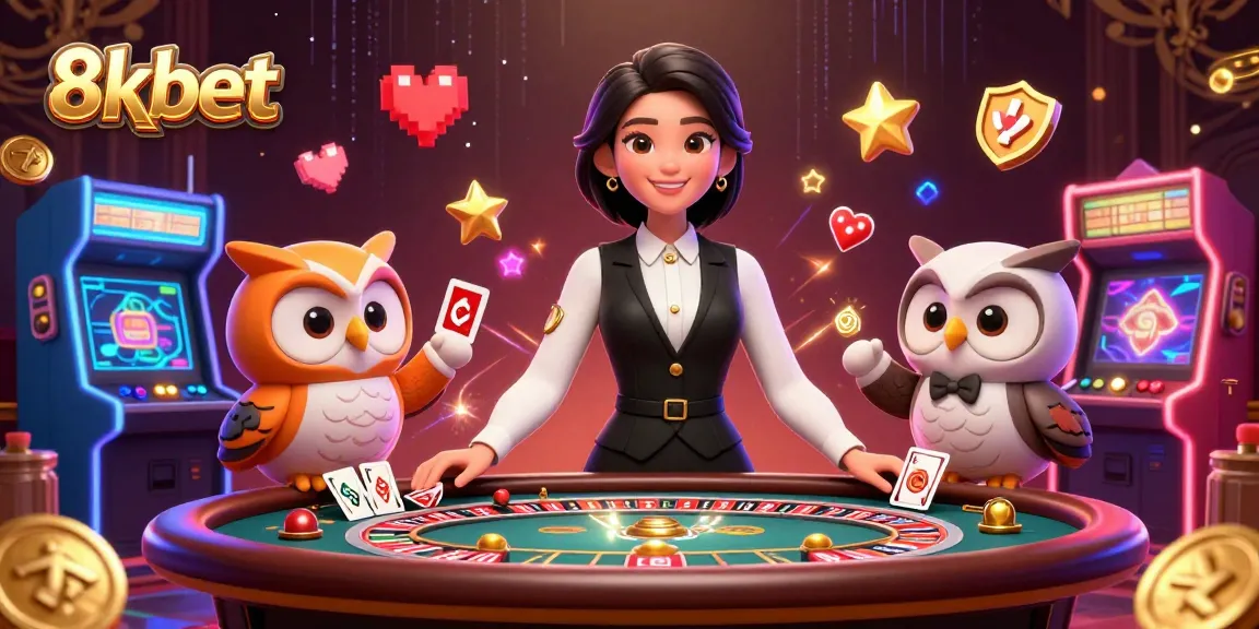 Engage with the vibrant world of 8xbet, showcasing dealers and arcade-inspired elements in a casino scene.