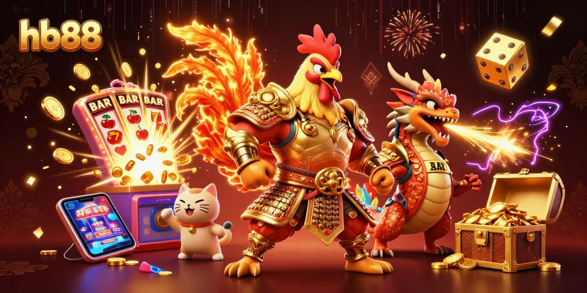 Join the hb88 adventure with a warrior rooster, dragon, and fortune cat amid jackpot excitement!