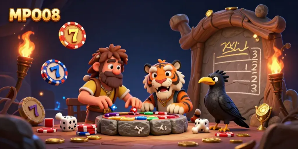 MPO08 presents a vibrant prehistoric casino scene featuring a caveman, sabertooth tiger, and a clever crow amidst golden symbols and game elements.