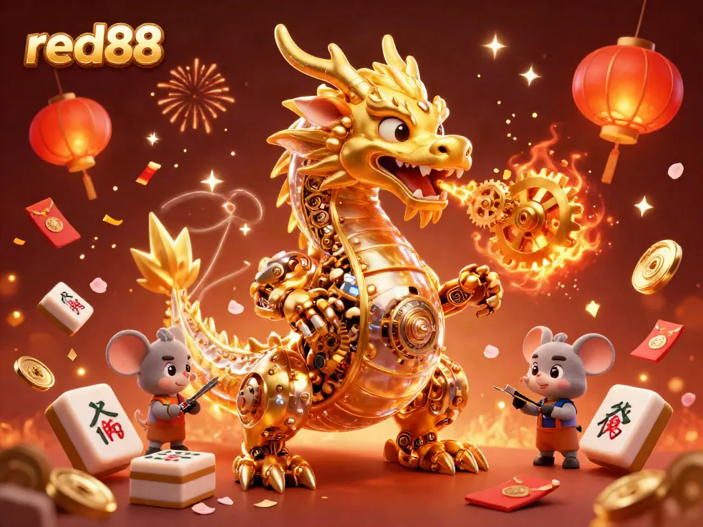 Engage with red88's thrilling gaming experience featuring a golden dragon, excitement over the playboard, and winnings.