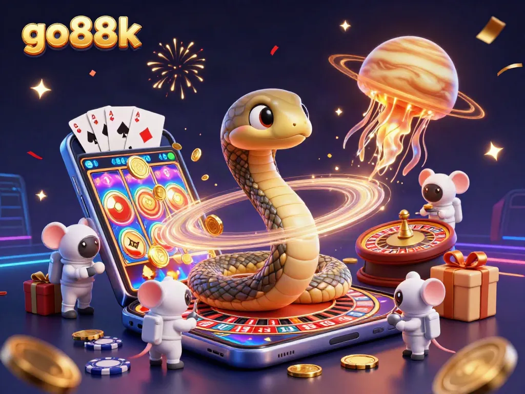 Engage with go88k casino fun as astronaut mice bet on roulette ring while golden jellyfish dealer floats by.