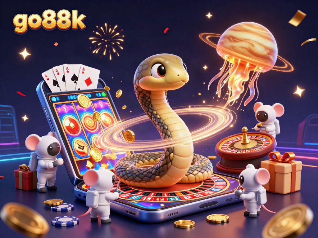 Engage with go88k casino fun as astronaut mice bet on roulette ring while golden jellyfish dealer floats by.