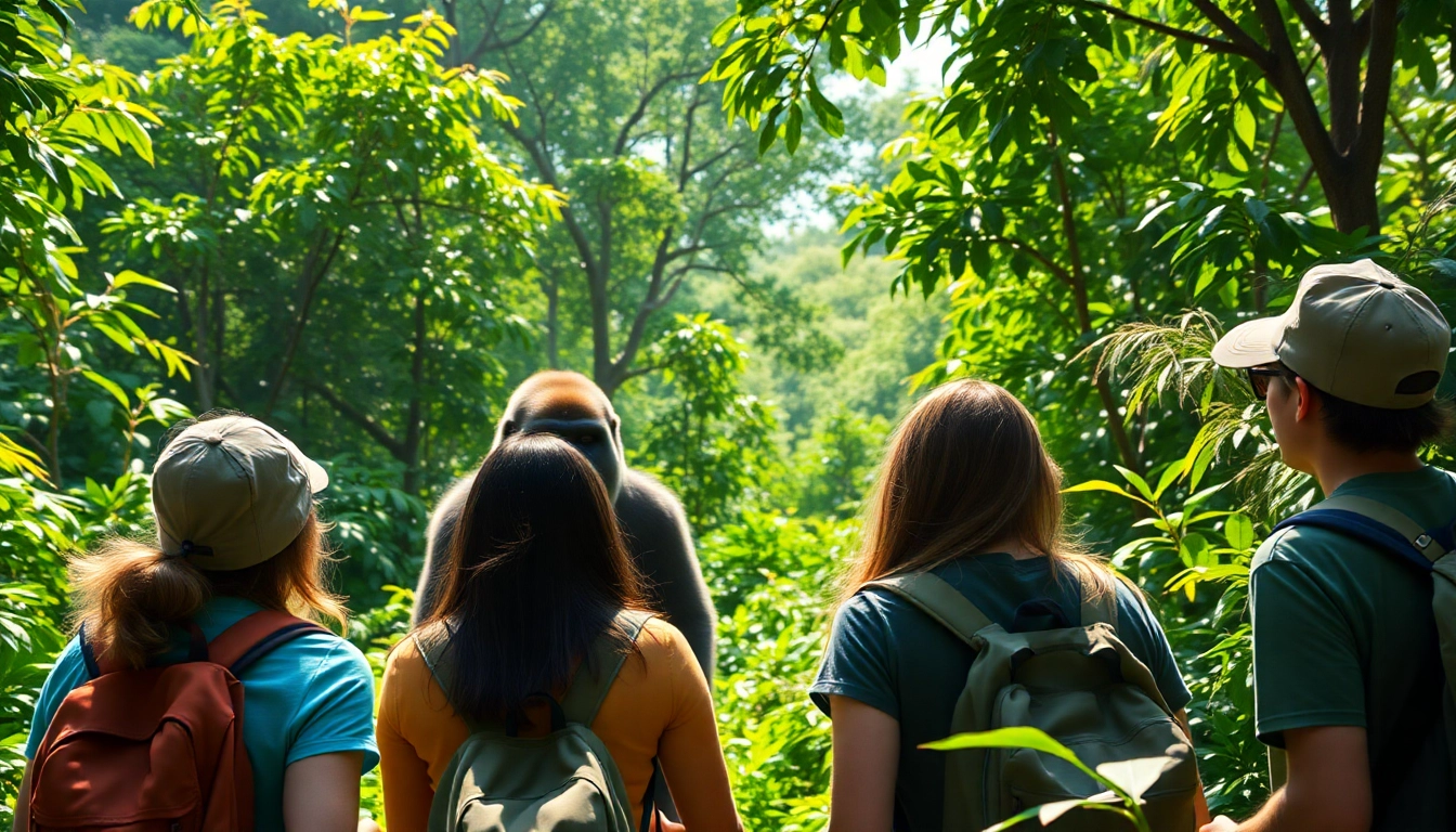 Travelers engaging in gorilla trekking and Tanzania safari, experiencing wildlife in a natural setting.