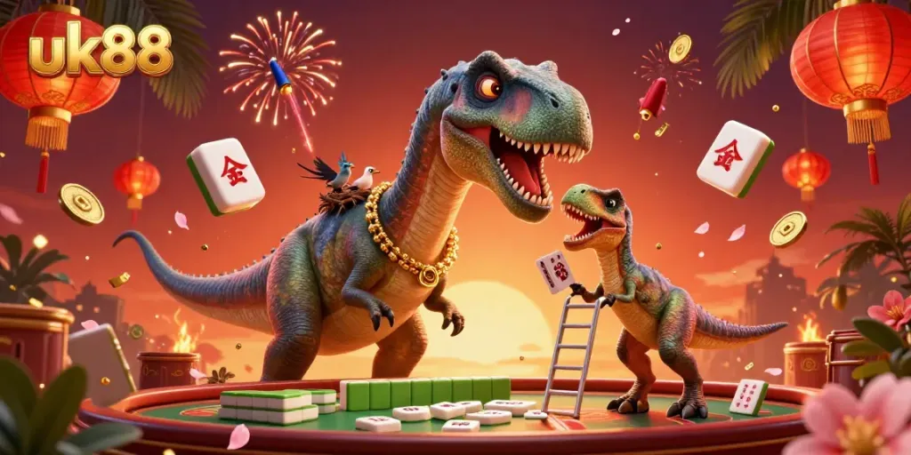 Join the excitement of uk88 at this dynamic casino scene featuring a towering brontosaurus and clever raptor dealing cards.