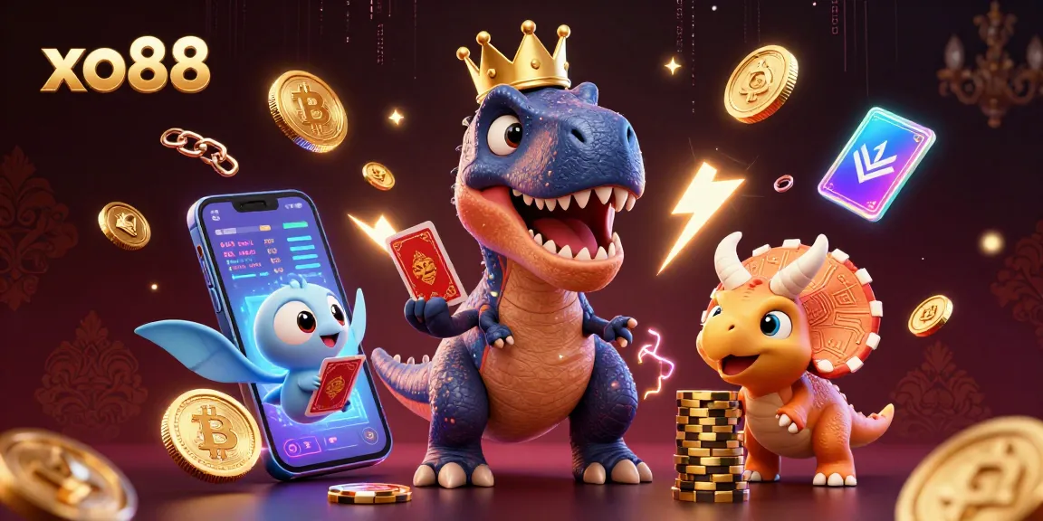 Engage in thrilling gameplay at xo88 with friendly T-Rex, pterodactyl, and triceratops in a vibrant casino scene.