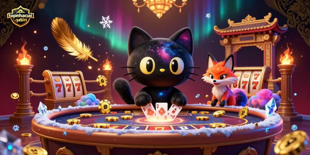 Engage with topnhacaiuytin in an enchanting cosmic casino scene featuring captivating characters.