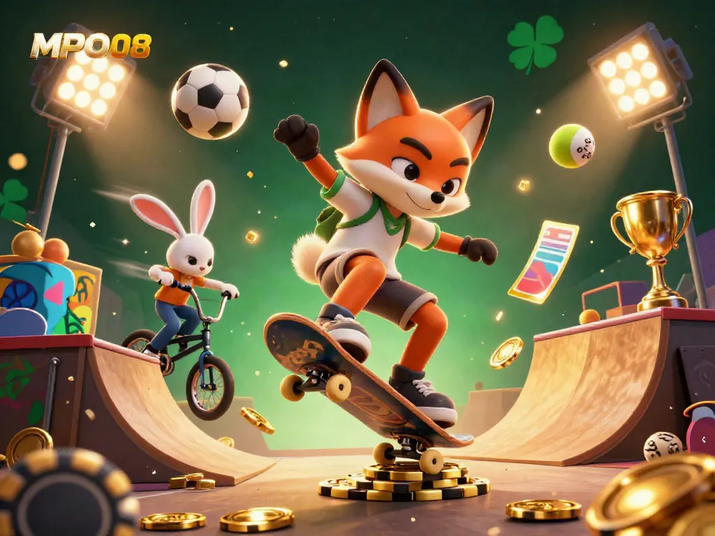 Experience the thrill of MPO08 with dynamic gaming characters and sports elements in this vibrant 3D illustration.