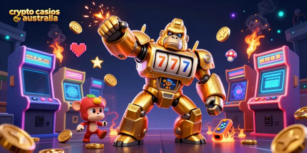 Experience the excitement of crypto casinos in Australia with a vibrant 3D illustration of a golden gorilla mech and dynamic gaming elements.