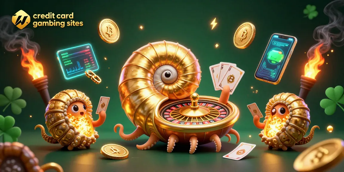 Engage in thrilling games at credit card gambling sites with a vibrant 3D illustration of a nautilus roulette wheel and glowing coins.