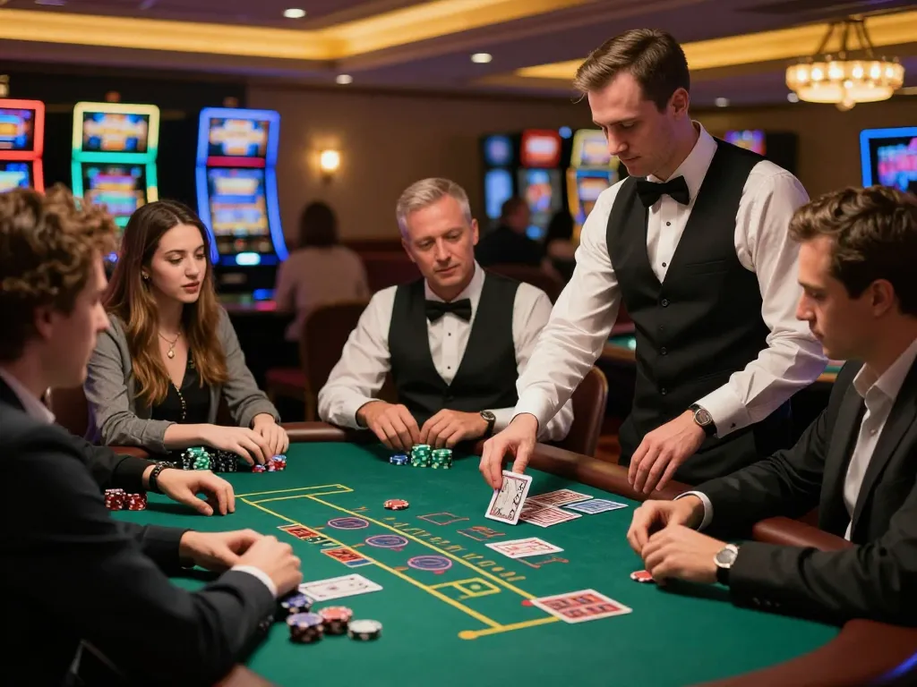 Players strategizing and betting at a lively blackjack table showcasing j88 in an upscale casino.