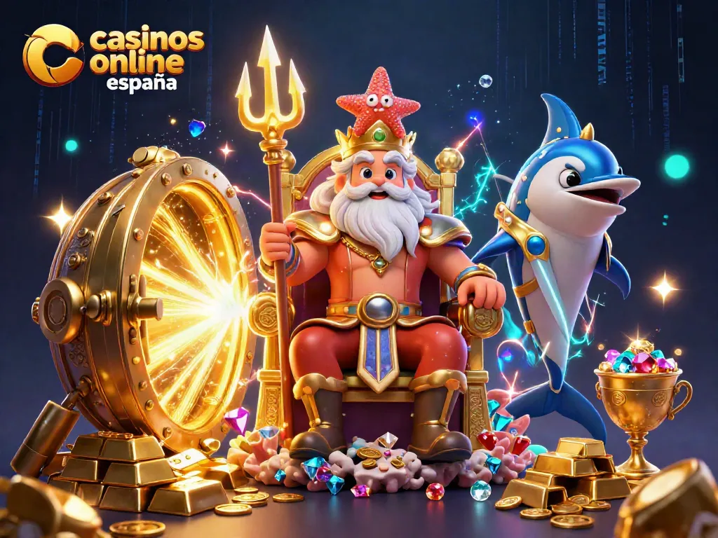 Una escena vibrante que ilustra casinos online España con el Rey Neptuno y tesoros de oro deslumbrantes.