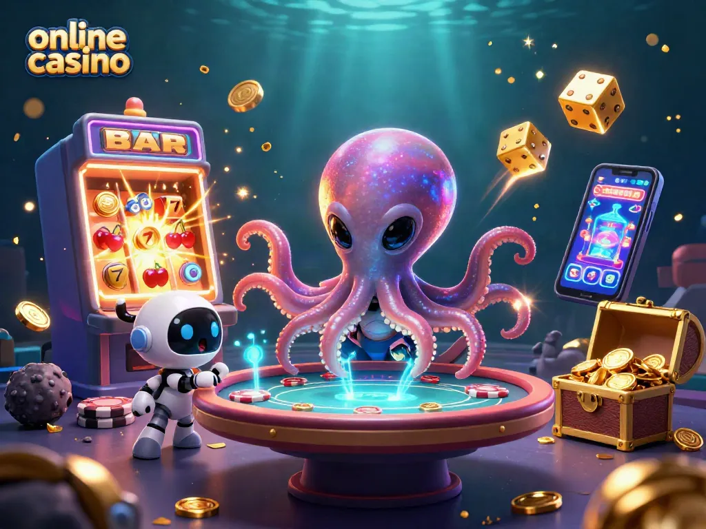 Juega en un casino online con jackpots y emoción en esta ilustración vibrante.