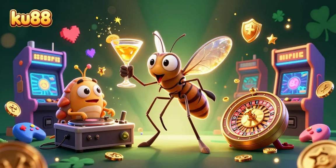 Experience excitement with ku88 as a cartoon mosquito mascot serves drinks at a vibrant casino scene.