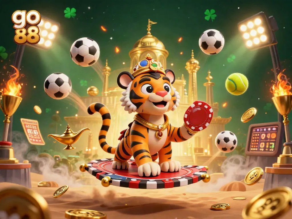 Explore dynamic gaming action with go 88 on a flying carpet of poker chips featuring vibrant sports elements.