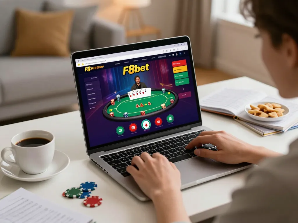 Engaging home gaming scene with a player using F8bet's interface for online poker.