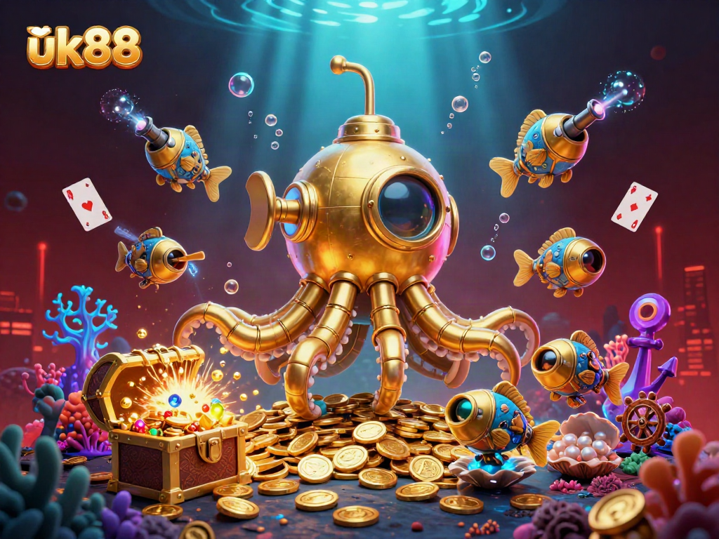 Experience the excitement of uk88 with a golden kraken submarine amidst a sea of coins and casino-themed elements.