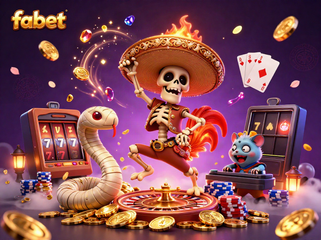 Experience the vibrant world of Fabet with a victory dance of a skeleton mariachi rooster amidst a casino scene filled with coins and games.