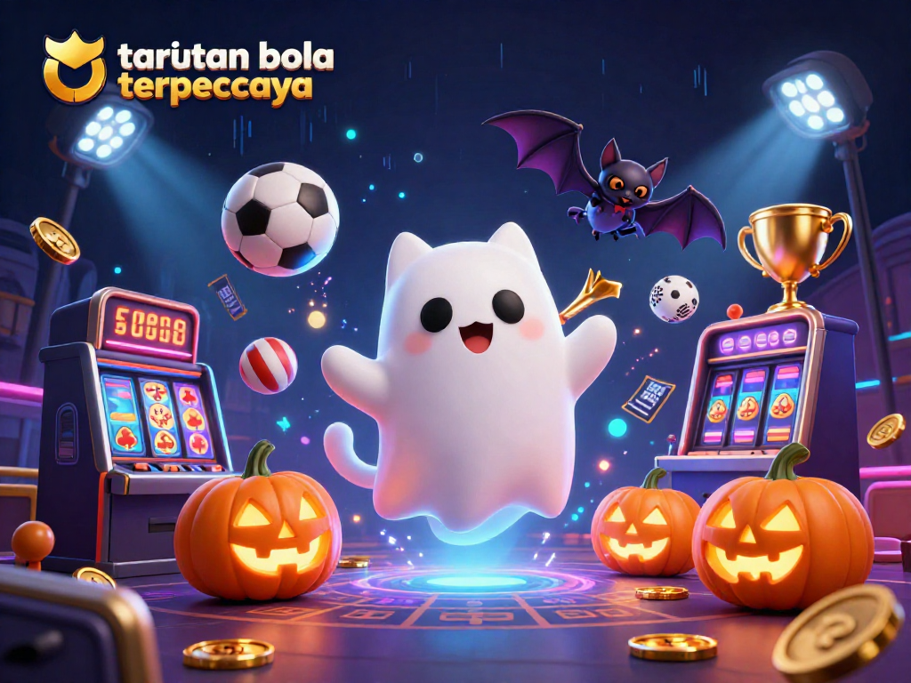Bet on trusted betting experience with taruhan bola terpercaya, featuring a ghost cat, sports elements, and vibrant effects.
