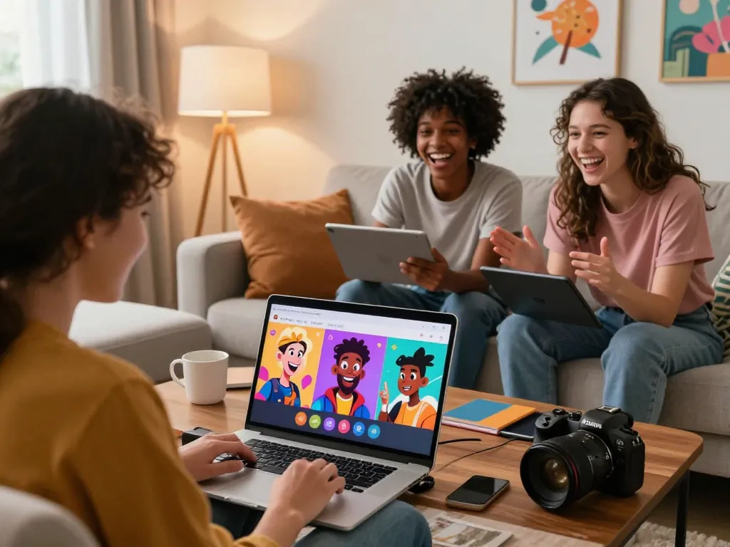 Engaging scene of friends enjoying crushon NSFW character AI chat on devices in a cozy setting.
