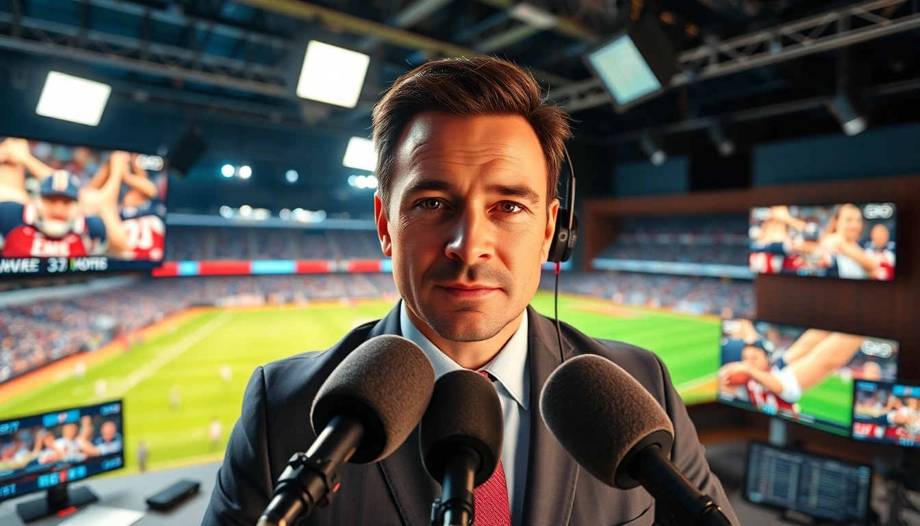 Engaging sports broadcasting professional presenting live highlights from various sports events.