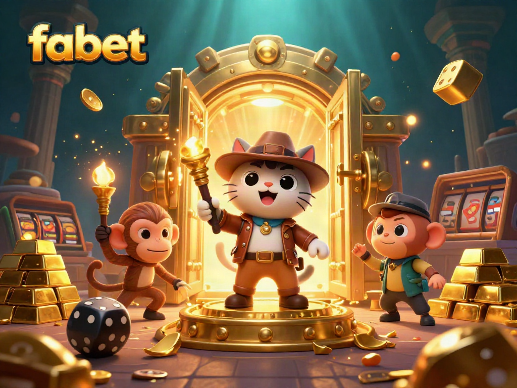 Join the fabet adventure with a cat archaeologist and monkey as they uncover casino treasures in a vibrant temple scene.
