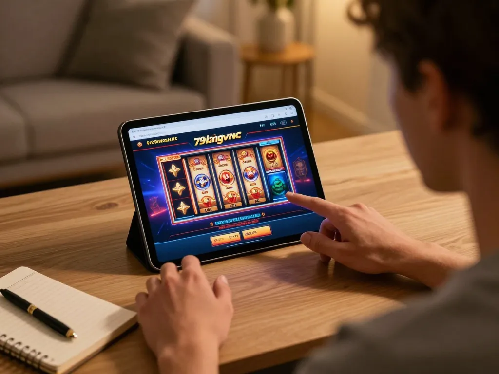 Engaging online gameplay on 79kingvnc casino platform, showcasing a player interacting with tablet for immersive gambling experience.