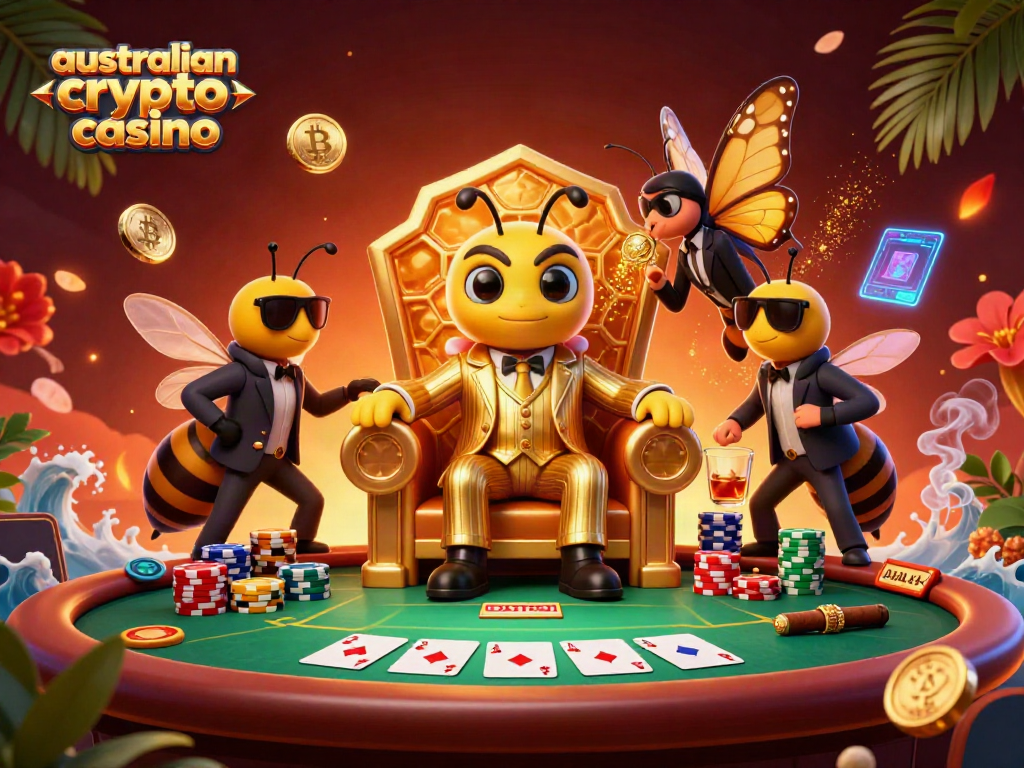 Engaging scene featuring an australian crypto casino with a bumblebee mob boss and poker elements