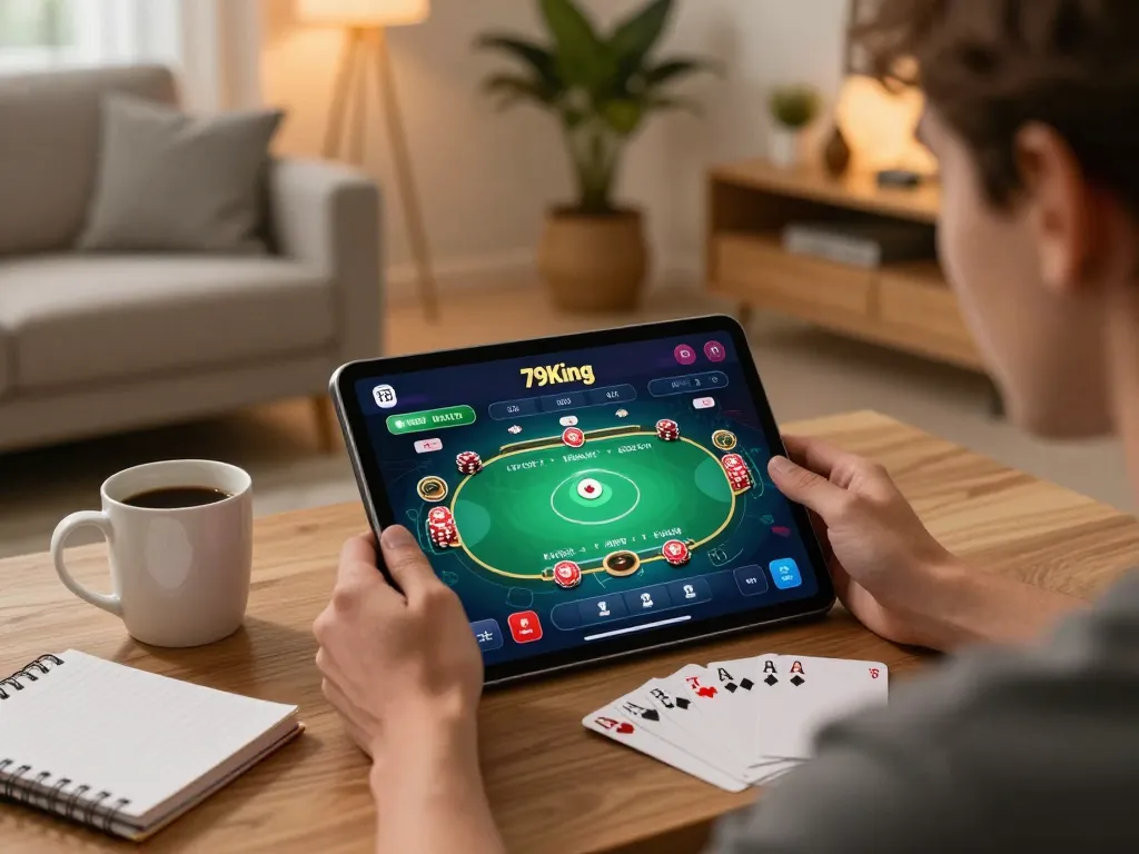 Engaging with App 79king on a tablet for an exciting online poker game.