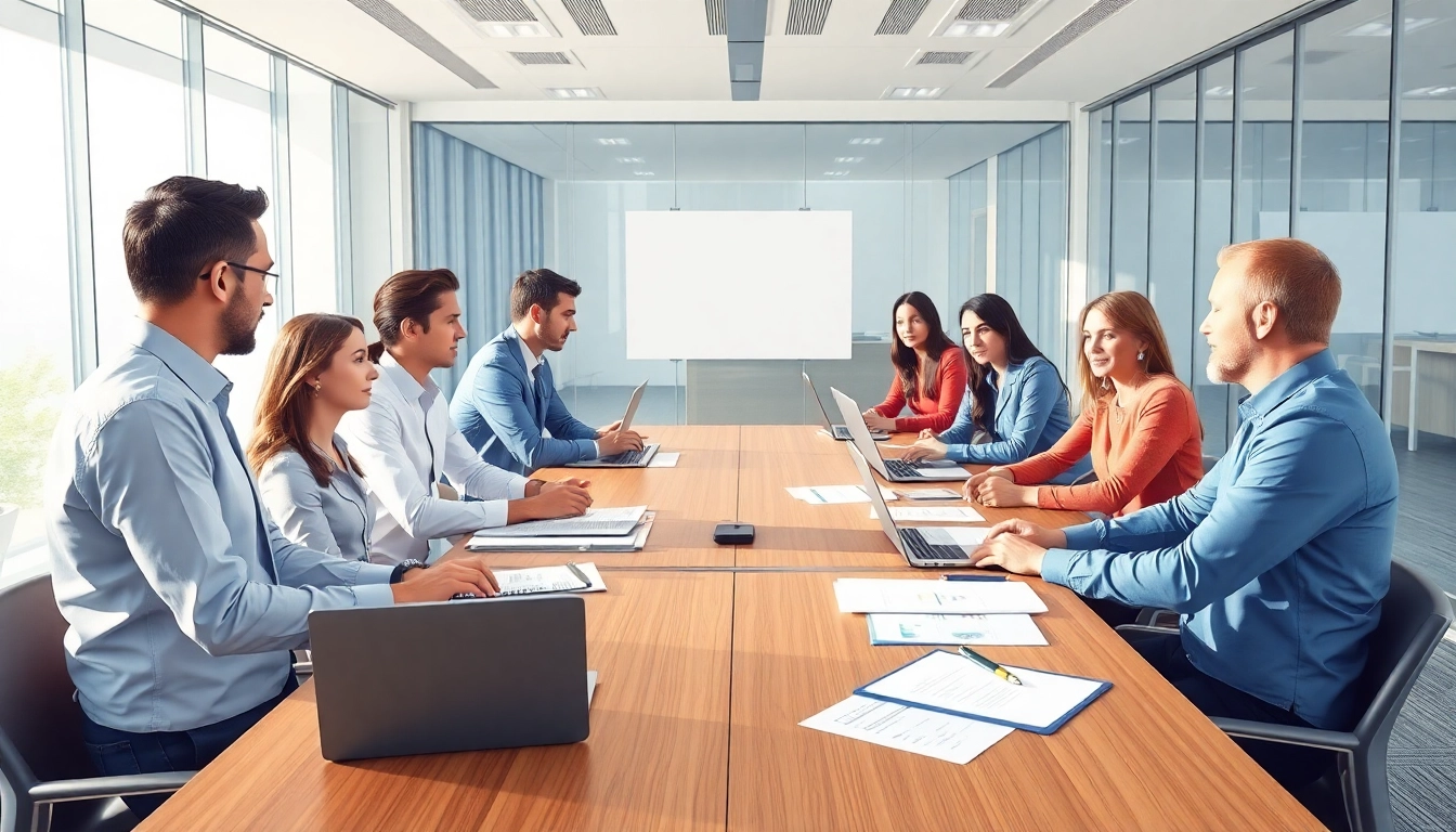 Engaged professionals discussing Federal and State contracts in a modern office.