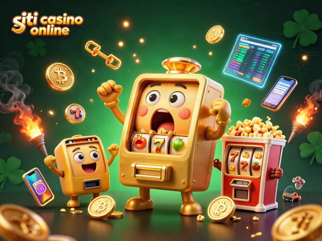 Gioca nei siti casino online con una macchina slot d'oro che vince un jackpot, mentre altre macchine fanno festa.