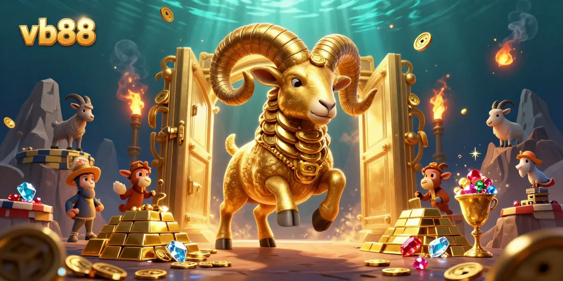 Experience thrilling wins at vb88 with a golden ram charging through a treasure-filled scene.