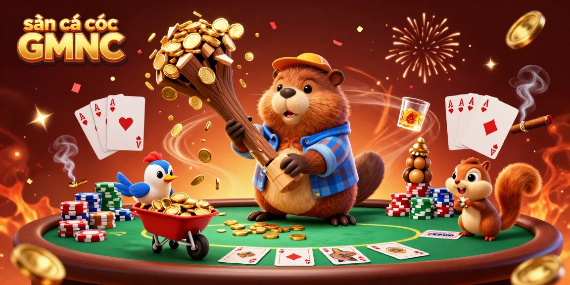 Engage with the vibrant scene of sàn cá cược GMNC, showcasing a lively cartoon forest where characters celebrate winnings with golden coins.