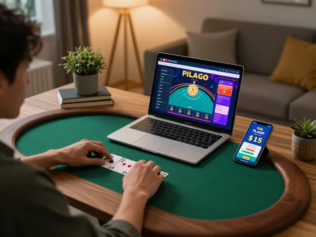 Player engaging in online poker with fly88 app on display, modern home gaming setup