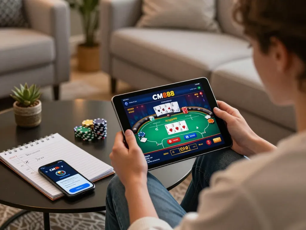 Engaged player strategizing on CM88 COM mobile casino app during a cozy home gaming session.