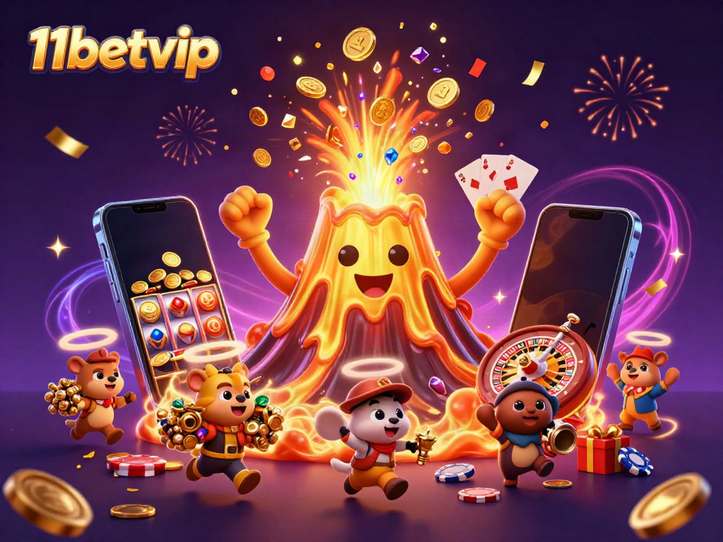 Experience excitement with 11betvip, featuring a golden volcano erupting treasures and casino games.