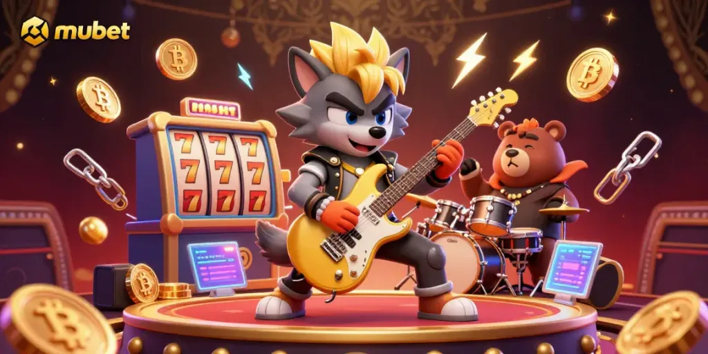 Engage with mubet as a rock star wolf plays in a vibrant casino with glow effects.