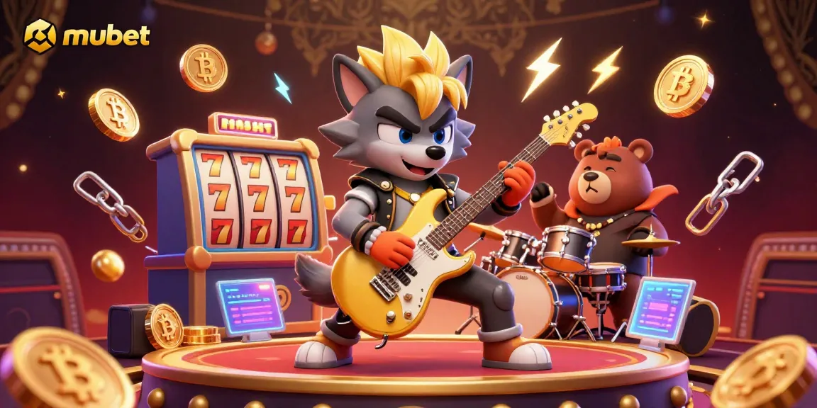 Engage with mubet as a rock star wolf plays in a vibrant casino with glow effects.