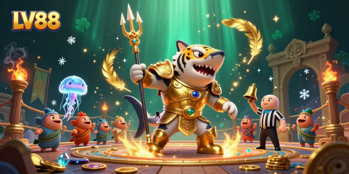 Experience thrilling underwater gambling with LV88 in a vibrant colosseum, featuring a tiger shark and cheering fish.