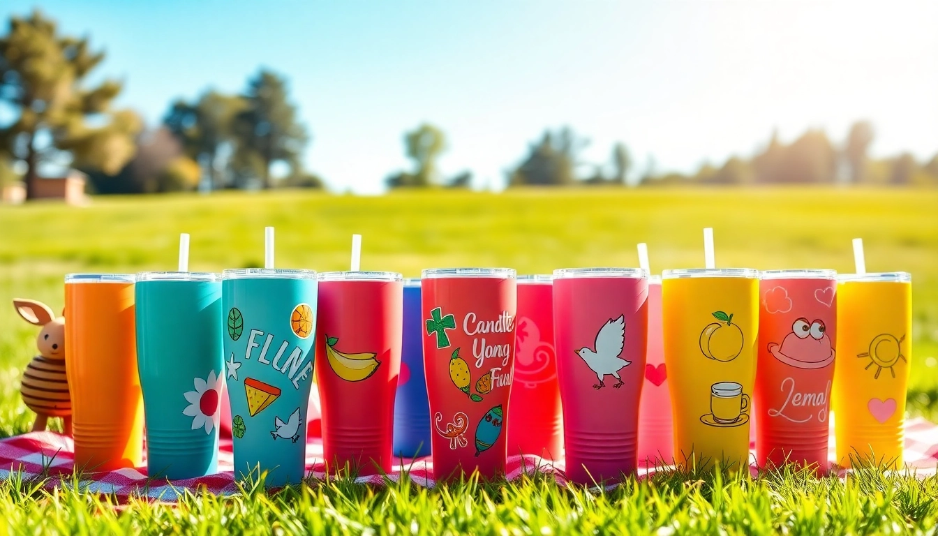 Tumblers in a colorful collection displayed during an outdoor picnic.