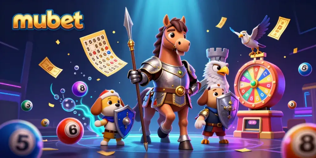 Engage with exciting mubet gameplay featuring a knight, puppy, and castle falcon in a casino-themed dynamic scene.