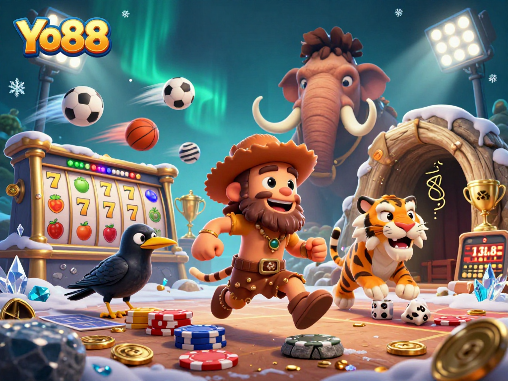 Yo88's prehistoric casino featuring caveman and sabertooth tiger with vibrant slot reels