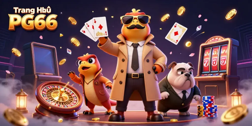 Catching big wins at Trang Chủ PG66 with cartoon raptors at a casino entrance