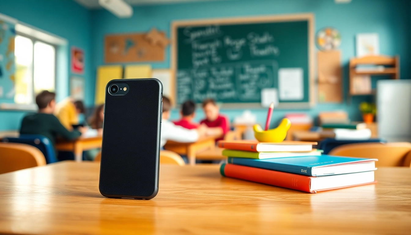 Präsentation der Handytasche Klassenzimmer auf einem Schreibtisch in einem Klassenzimmer mit Büchern und Schreibutensilien.