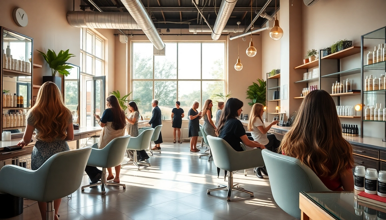 Dynamic scene of a hair salon in San Diego, showcasing hairstylists working with clients using eco-friendly products, emphasizing hair salons san diego.